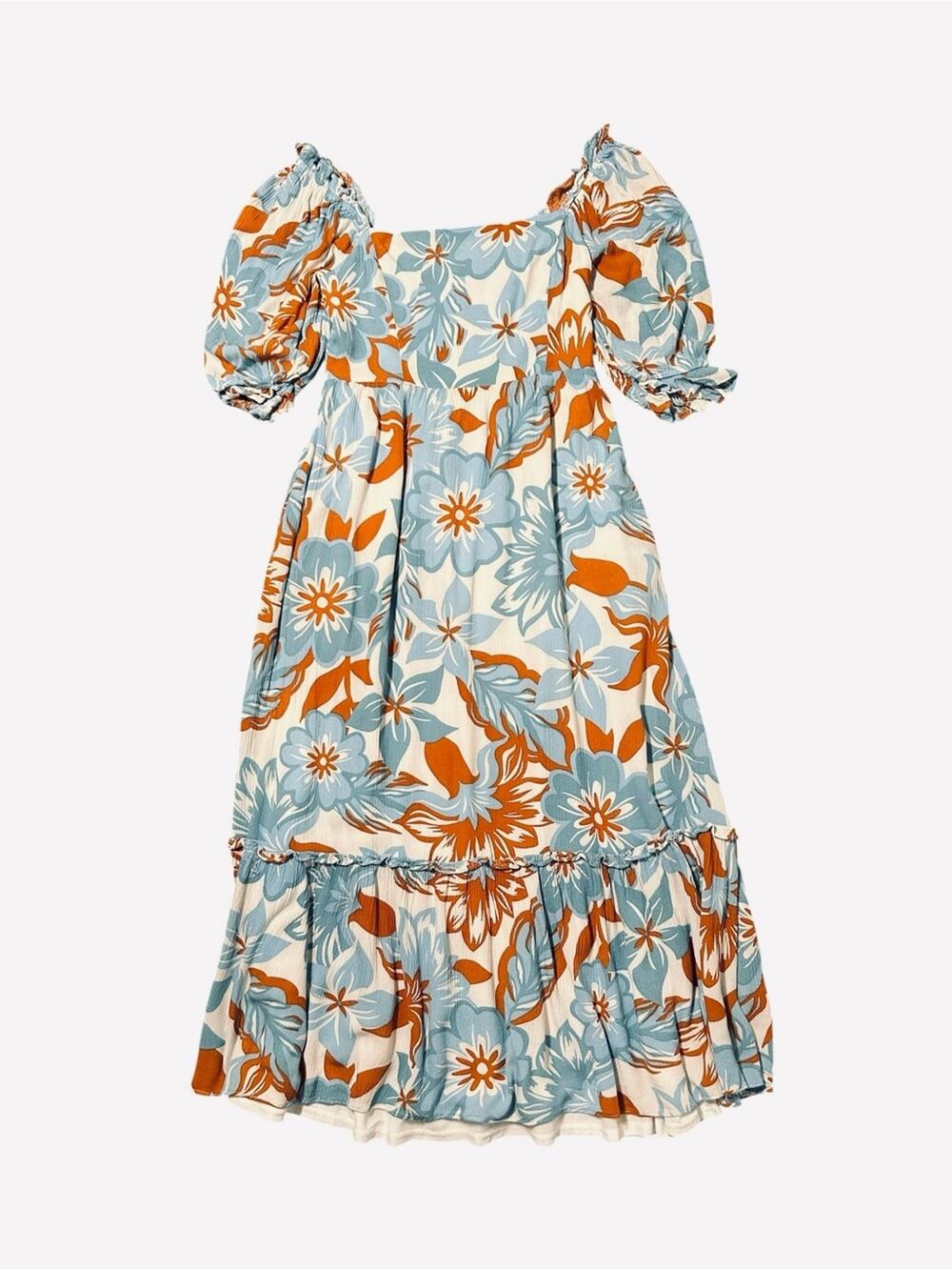 Vestique Dress Size S Hawaiian Floral Puff-Sleeve Midi Blue Rust Smocked Back